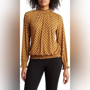 Polka Dot Smocked Long Sleeve Blouse STRETCHY Adrianna Papell Medium